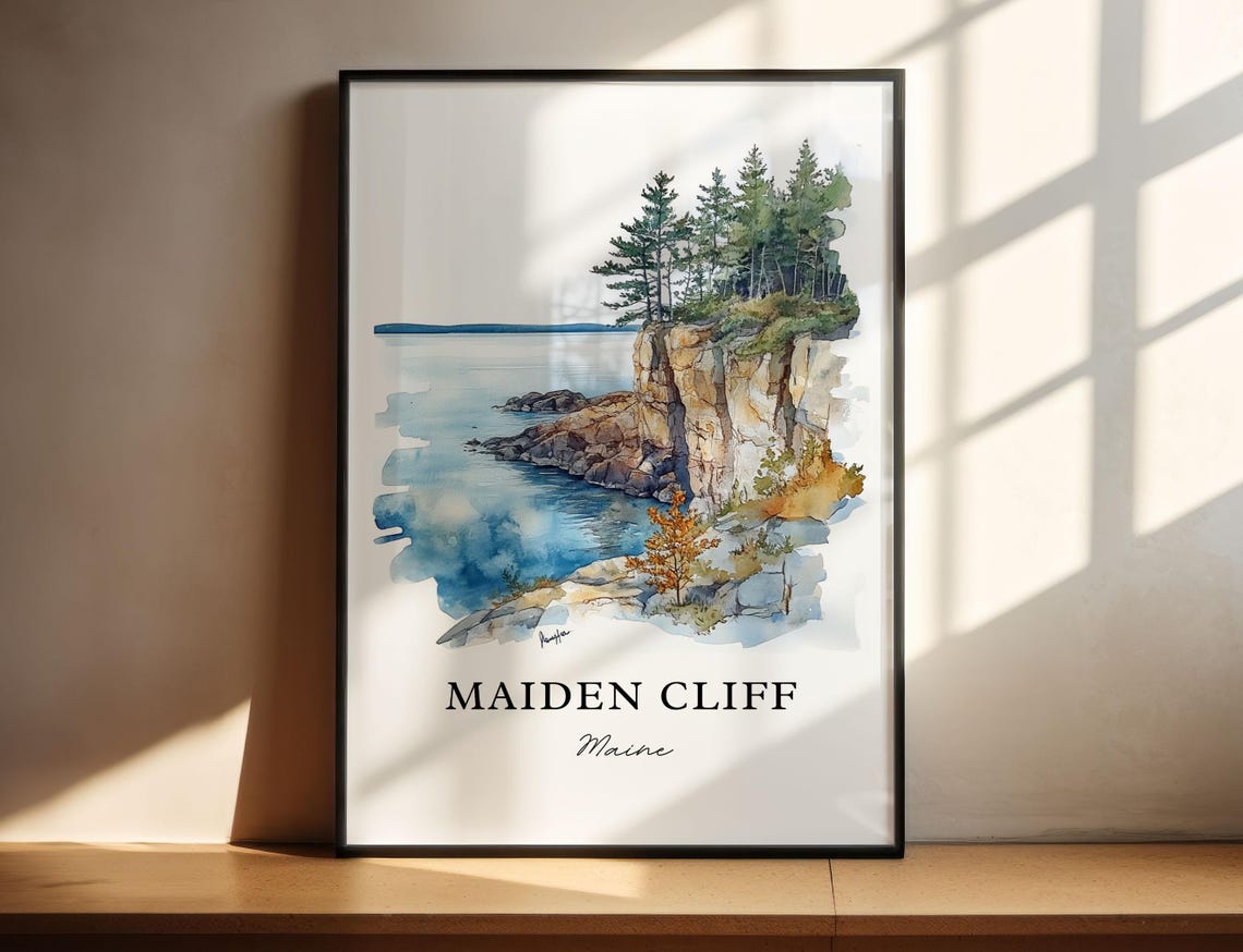 Maiden Cliff Maine Coastal Rock Cliff Shoreline Watercolor Poster