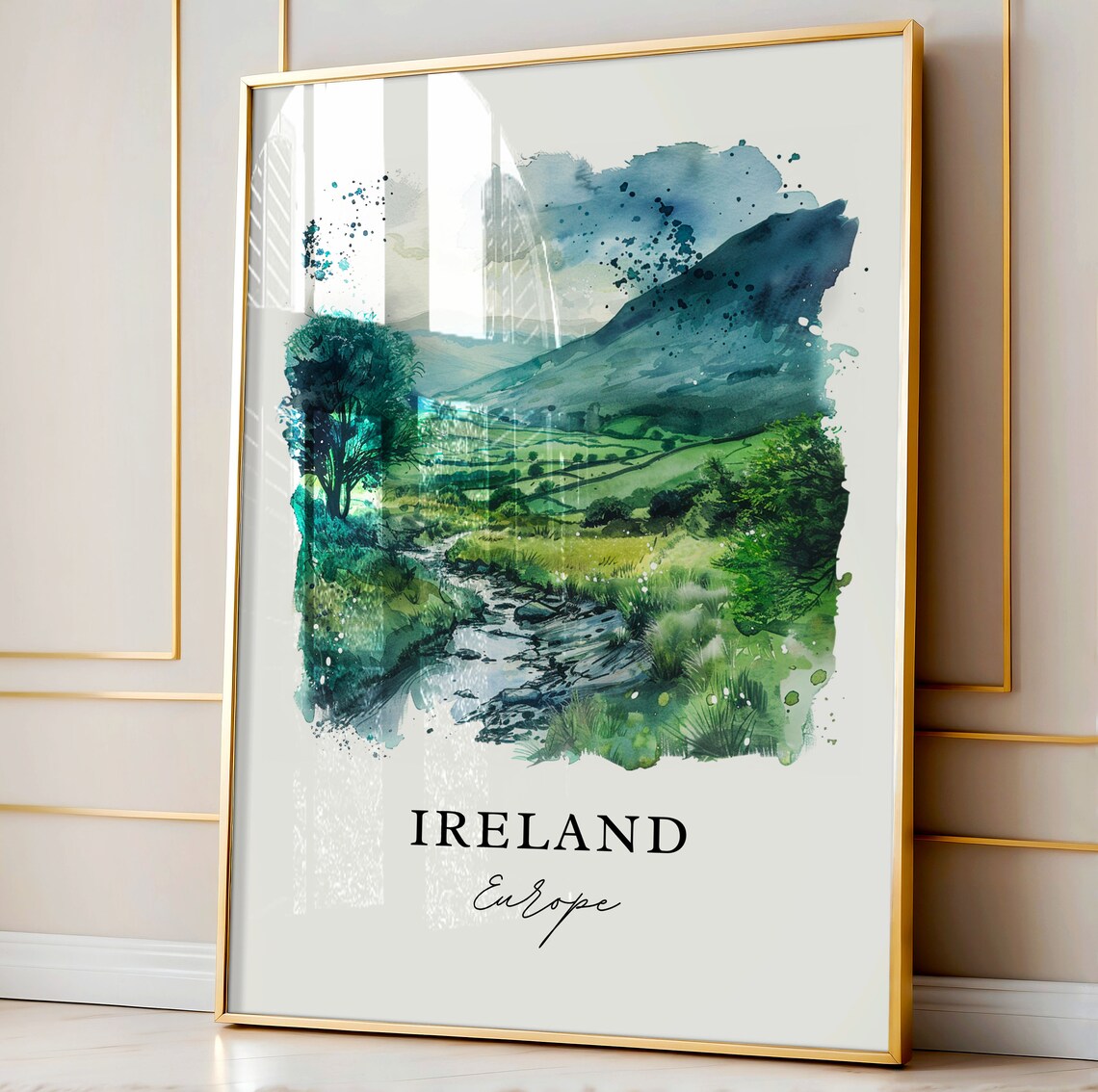 Ireland Green Valley Stream Landscape Watercolor Travel Poster - Image 4