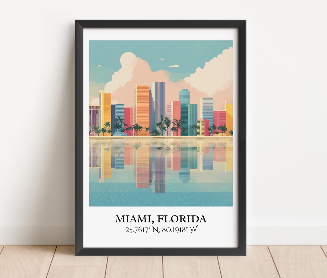 Miami Florida Skyline Palms Water Reflection Retro Travel Art Poster - Image 2
