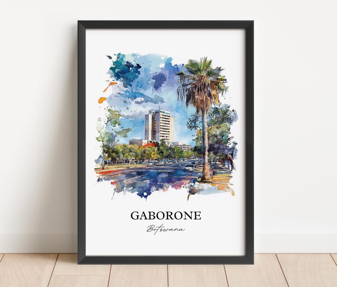 Gaborone Botswana Palm Avenue City View Watercolor Travel Poster - Image 2