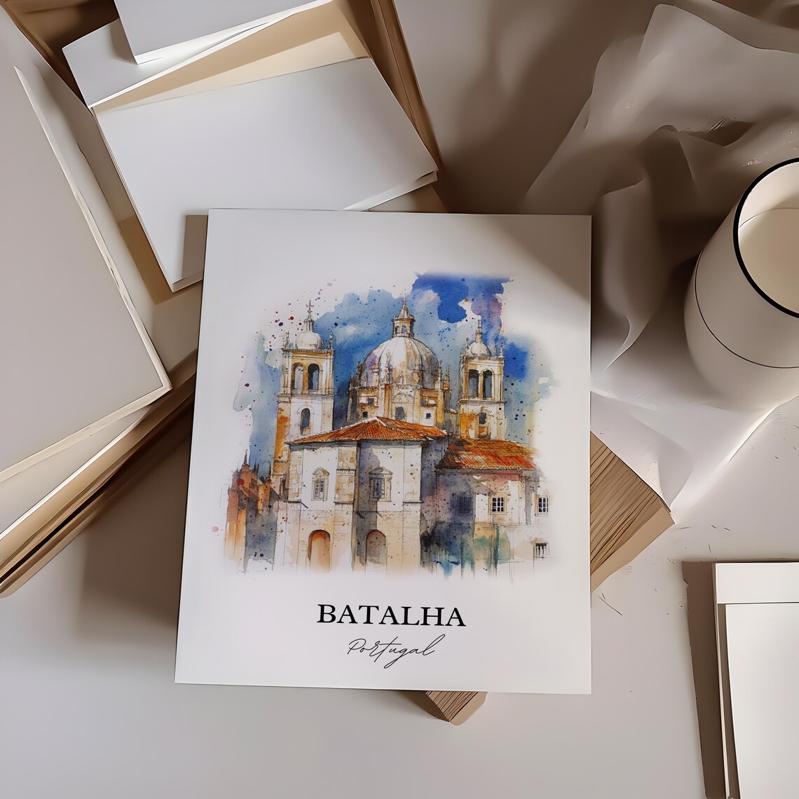 Batalha Portugal Watercolor Monastery Church Dome Architecture Poster - Image 4