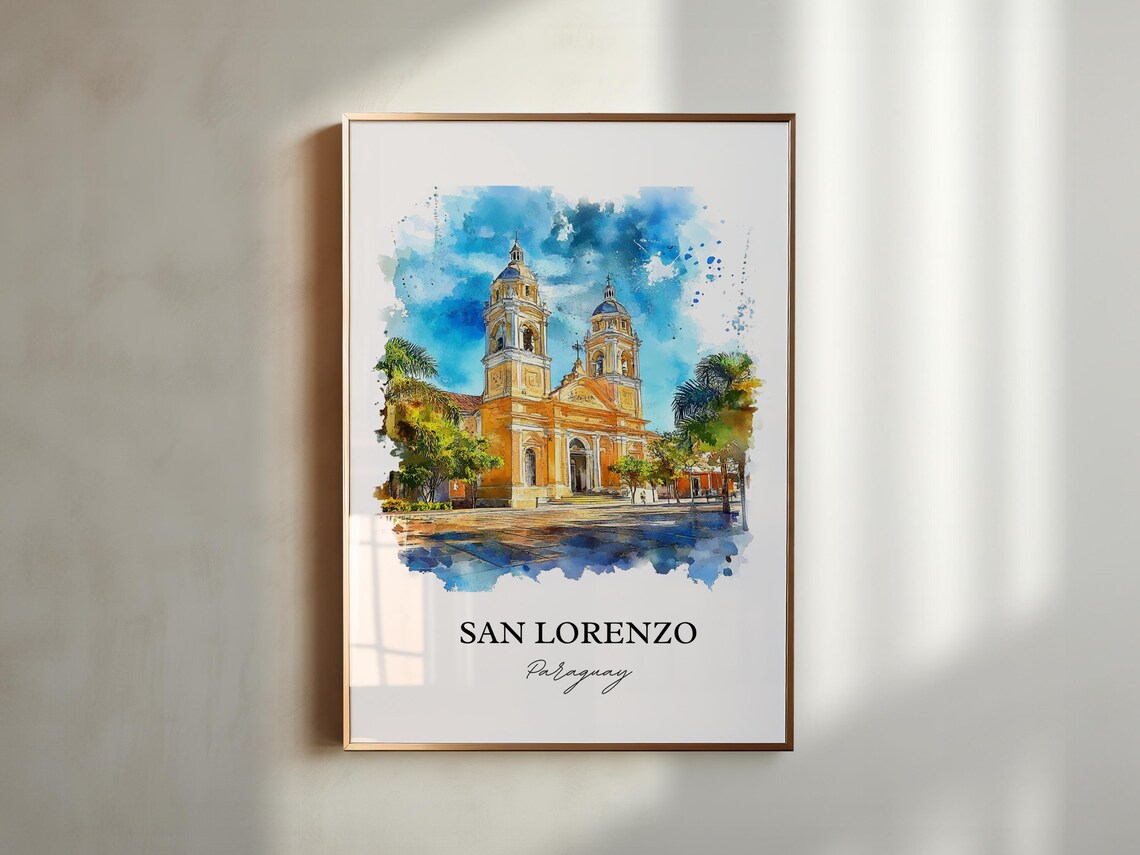 San Lorenzo Paraguay Watercolor Cathedral Twin Towers Travel Poster - Image 4