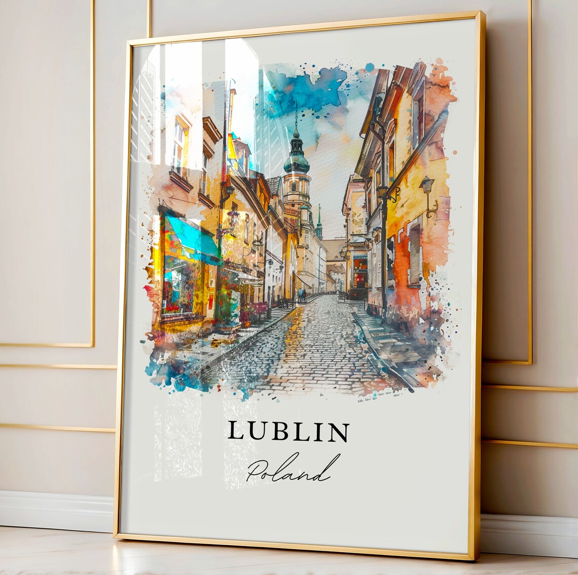 Lublin Poland Old Town Cobblestone Street Watercolor Travel Poster - Image 4
