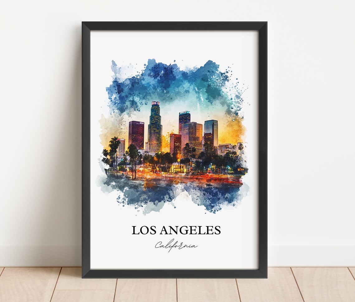 Los Angeles California Sunset Skyline Watercolor Travel Poster - Image 2