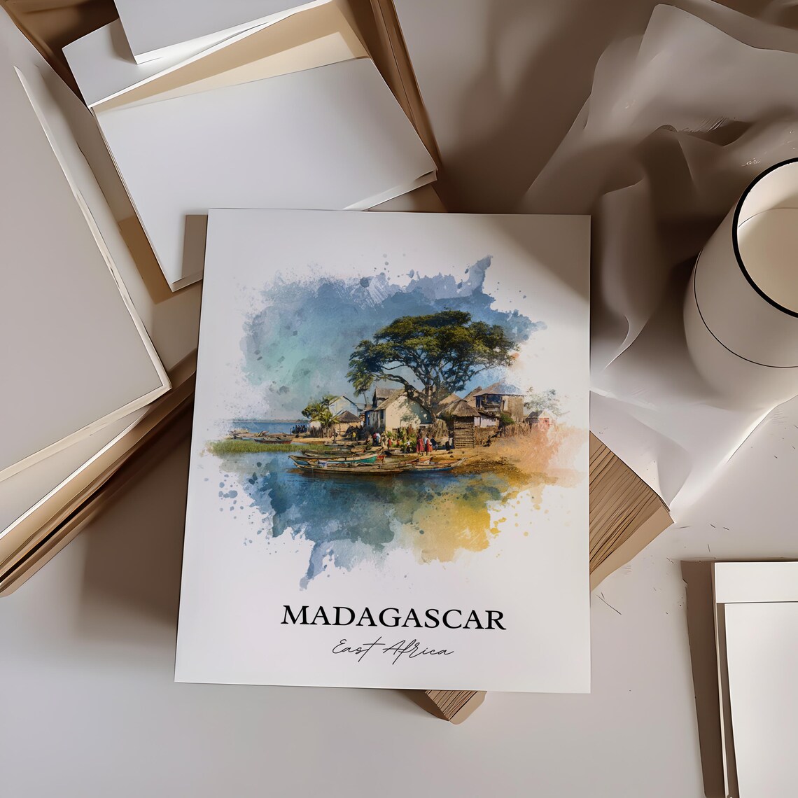 Madagascar East Africa Fishing Pirogue Village Watercolor Poster - Image 3