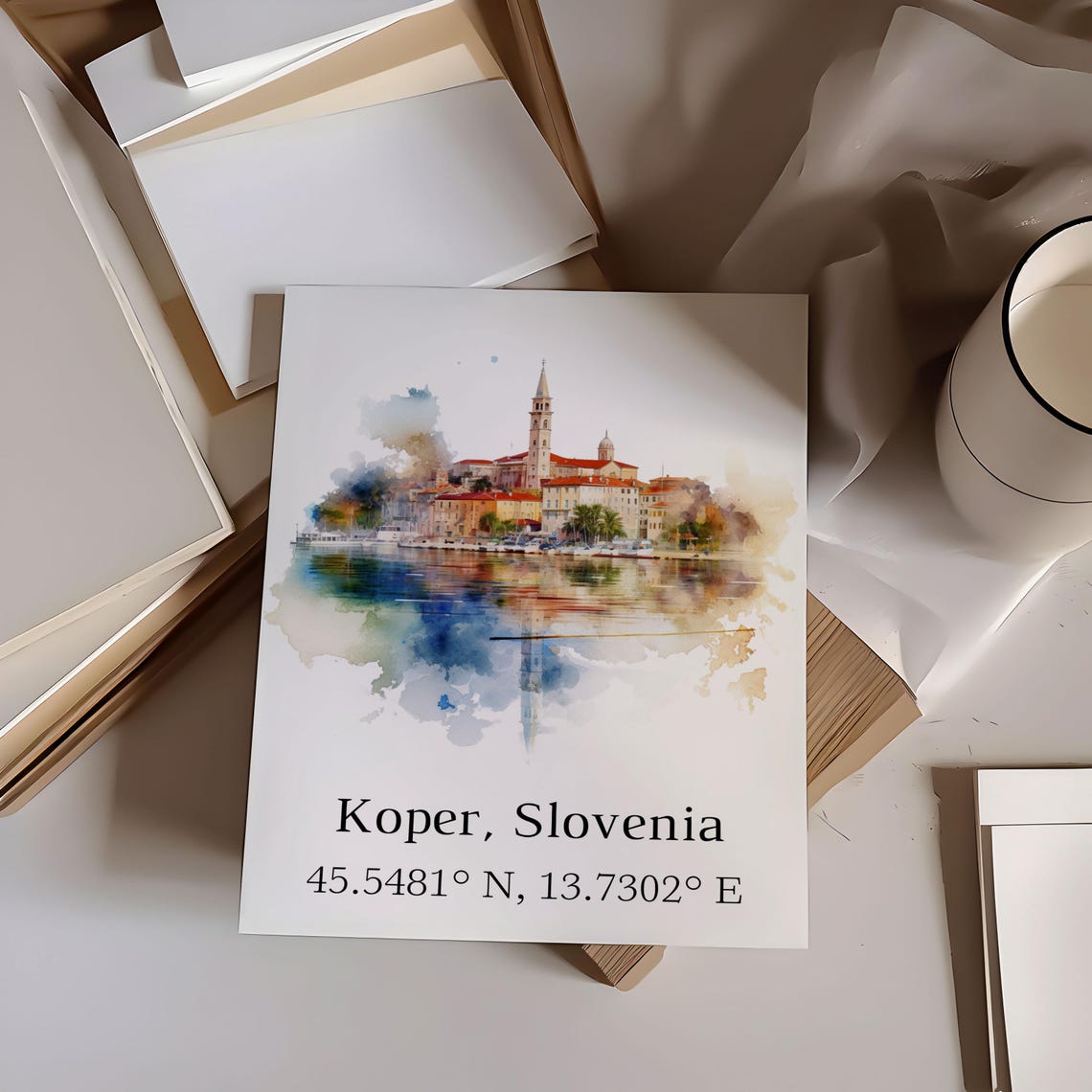 Koper Slovenia Harbor Bell Tower Old Town Watercolor Travel Poster - Image 5