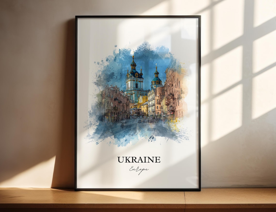 Ukraine Kyiv Blue Domed Church Watercolor Street Travel Poster