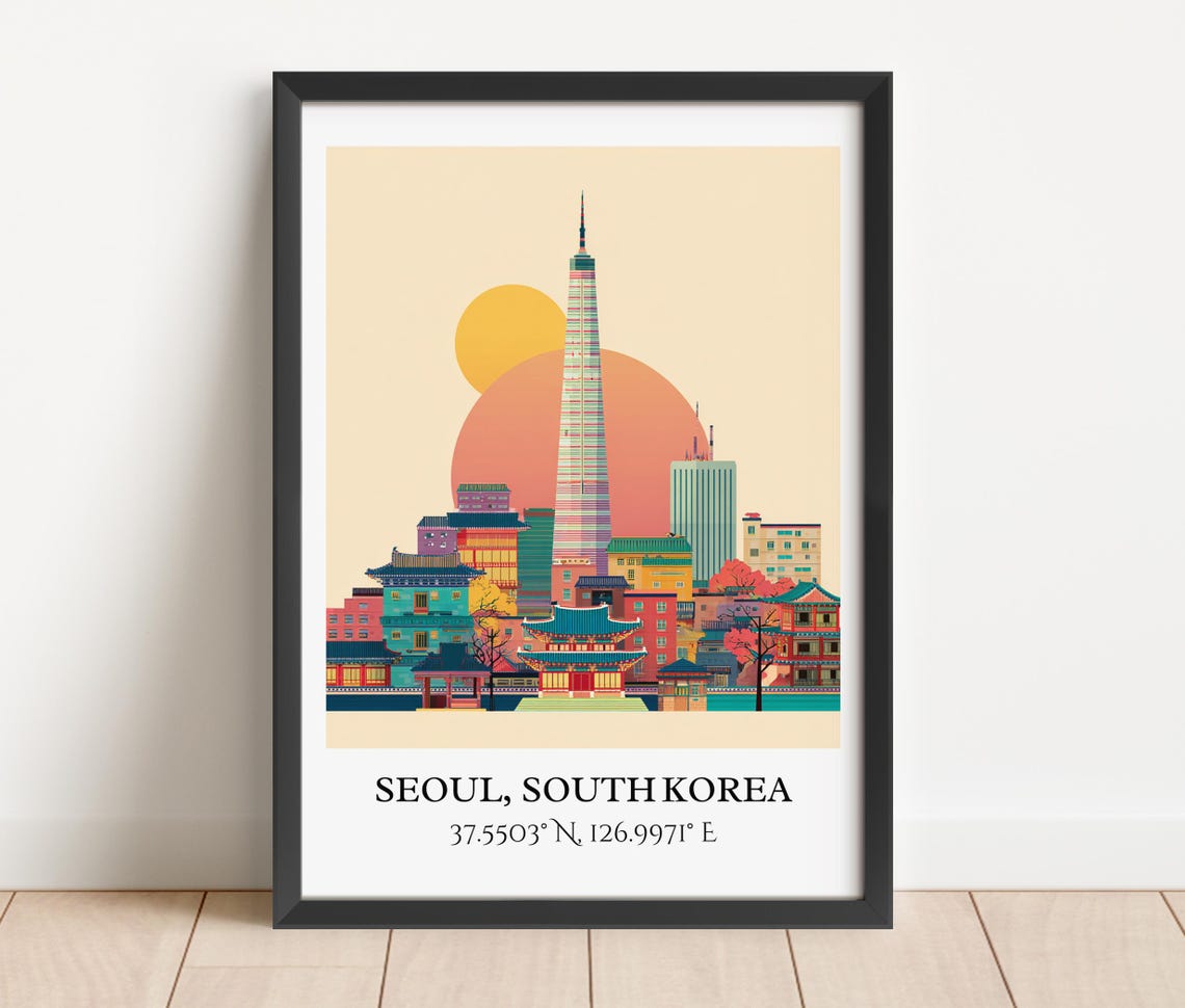 Seoul South Korea Lotte Tower Palace Rooftops Retro Travel Art Poster - Image 2