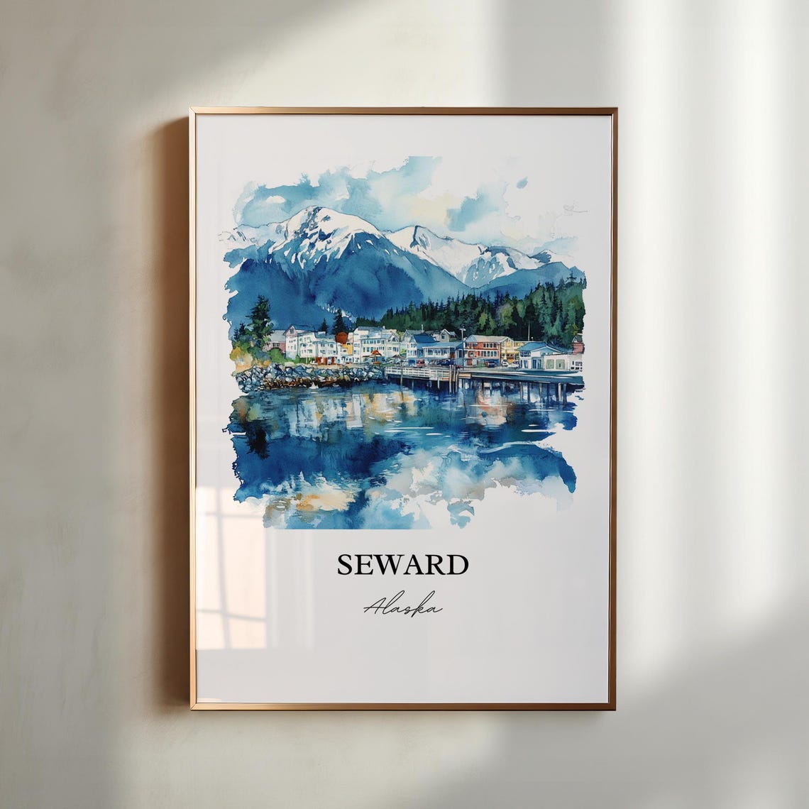 Seward Alaska Harbor Town Snowy Mountain Watercolor Travel Poster