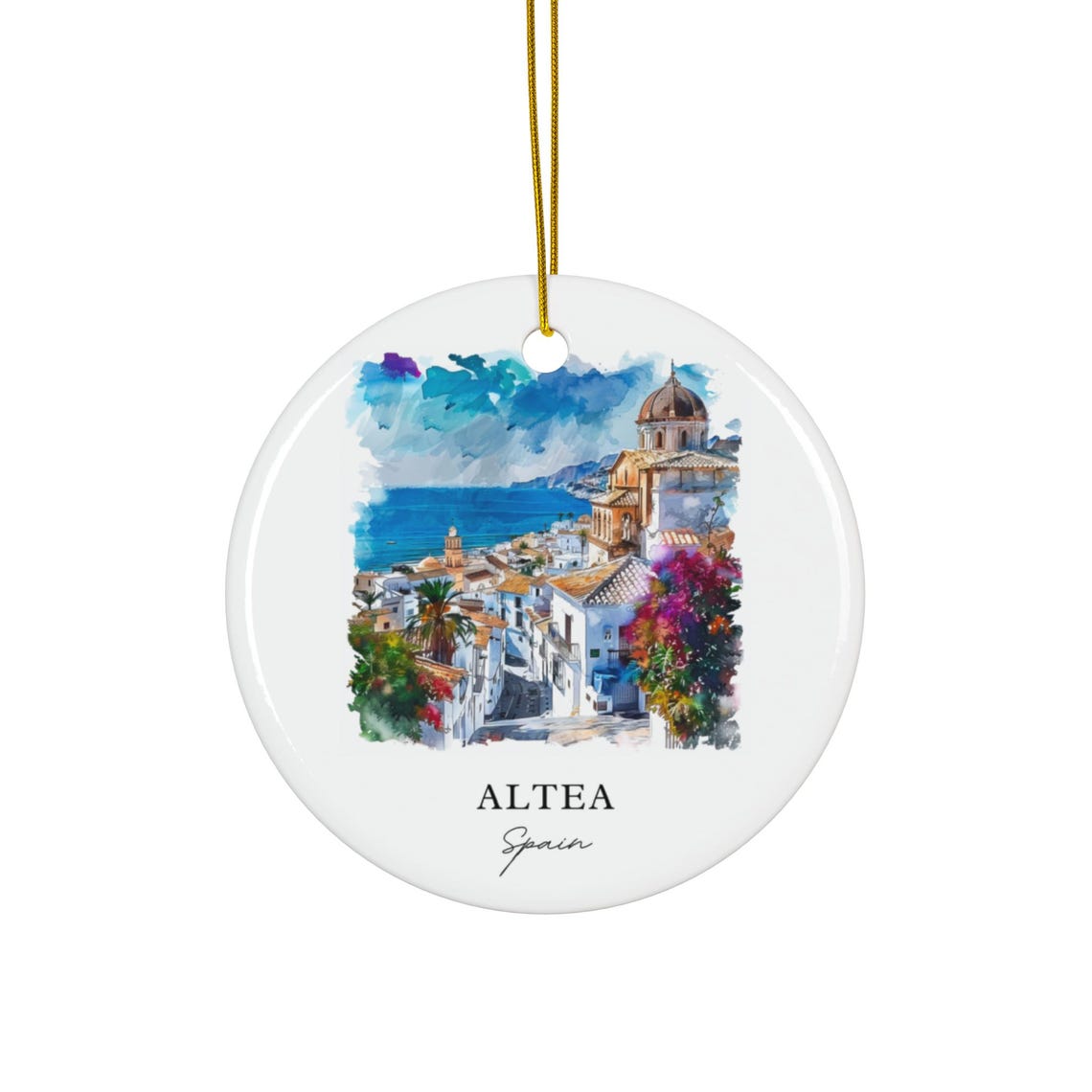 Altea Spain Watercolor Whitewashed Old Town Church Sea View Ornament