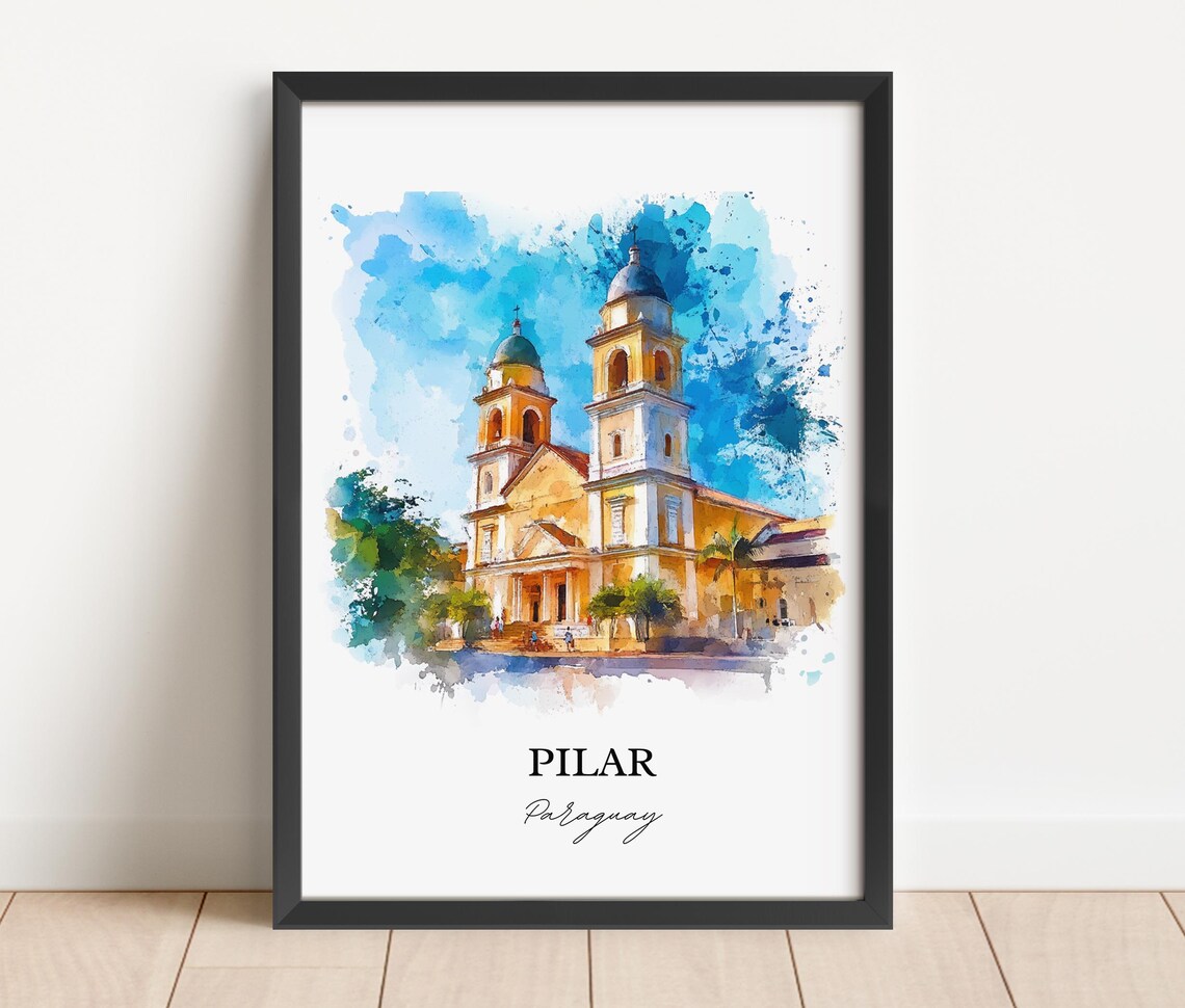 Pilar Paraguay Watercolor Twin Tower Church Landmark Art Poster - Image 3