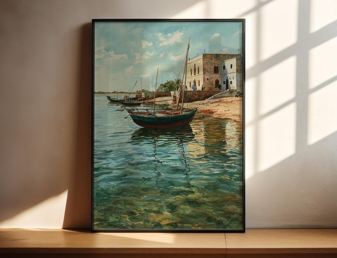 African Harbor Watercolor Fishing Boats Historic Waterfront Travel Poster