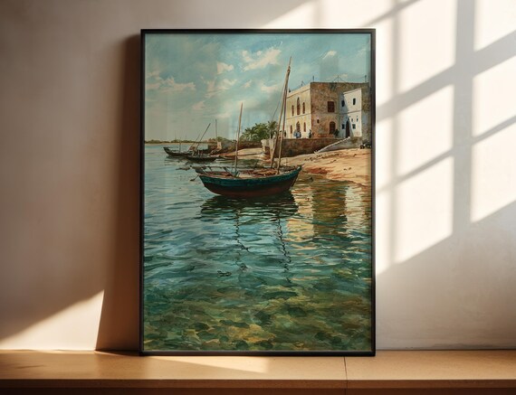 African Harbor Watercolor Fishing Boats Historic Waterfront Travel Poster