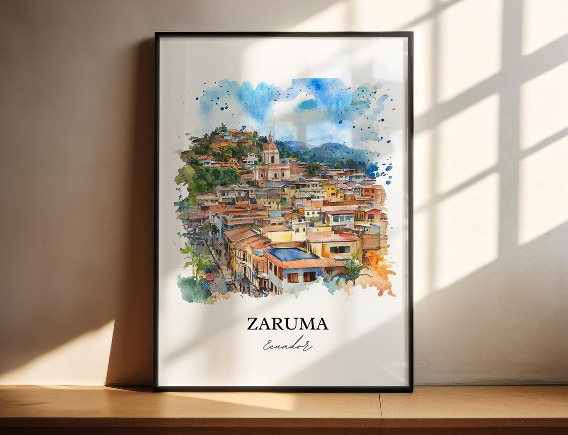 Zaruma Ecuador Watercolor Colonial Hillside Town Street Art Poster