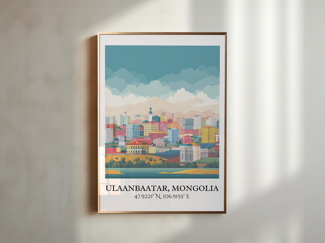 Ulaanbaatar Mongolia City Skyline Mountain Retro Travel Art Poster - Image 4