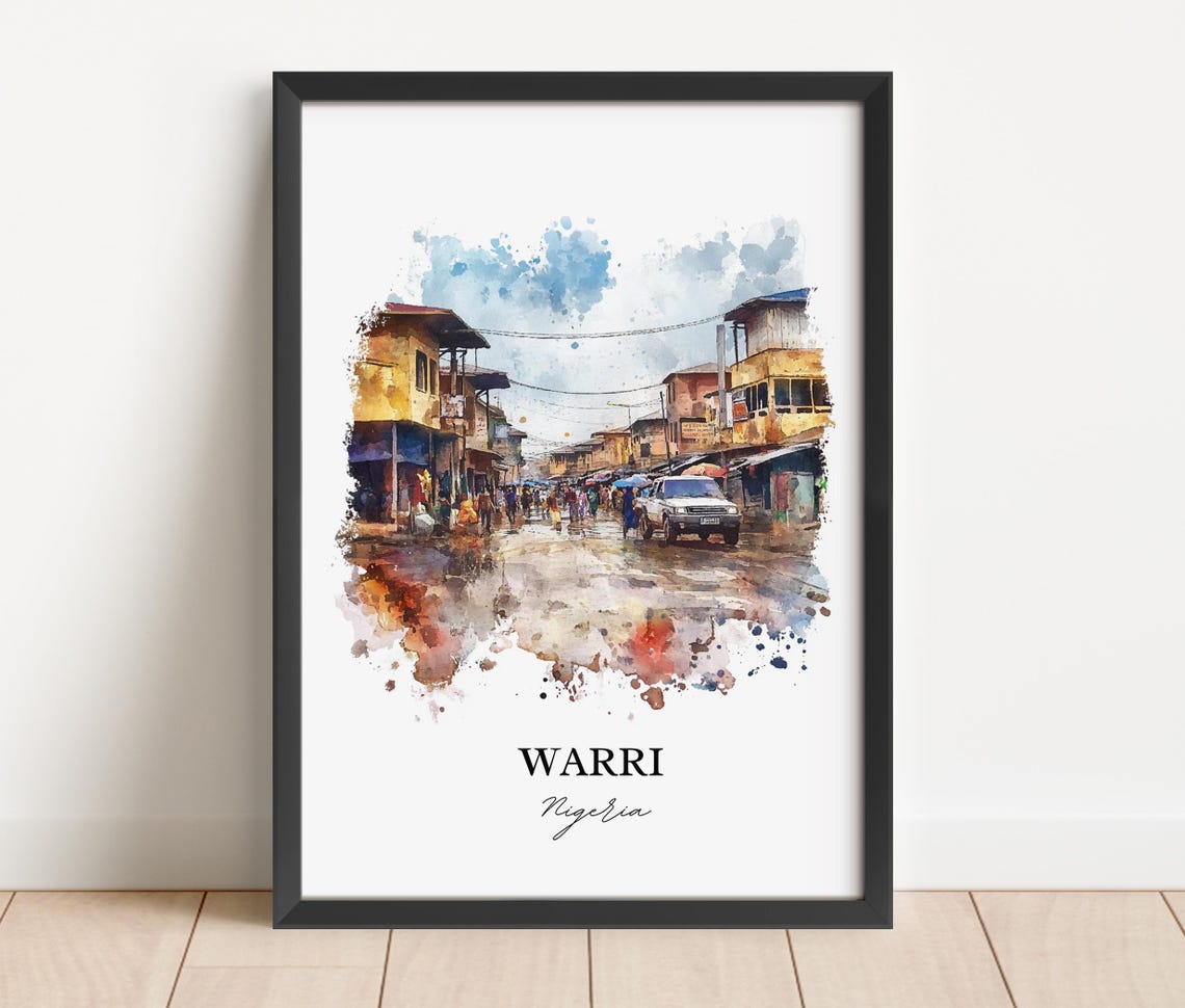 Warri Nigeria Watercolor Busy Market Street Scene Art Poster - Image 3