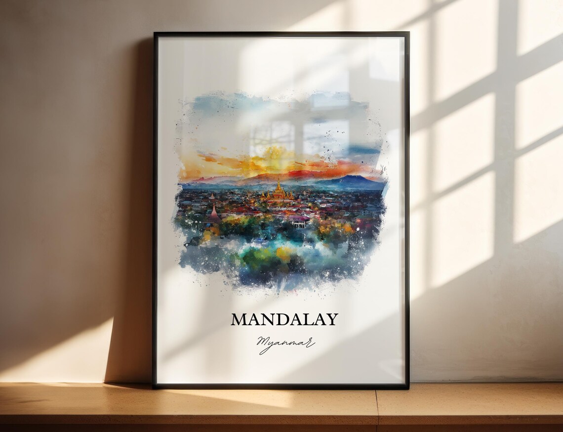 Mandalay Myanmar Watercolor Sunset Golden Temple City Poster