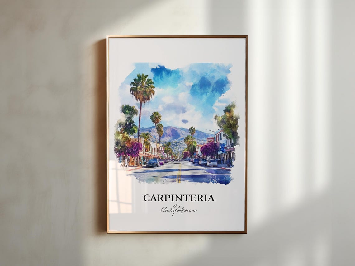 Carpinteria California Palm Lined Main Street Watercolor Poster - Image 5