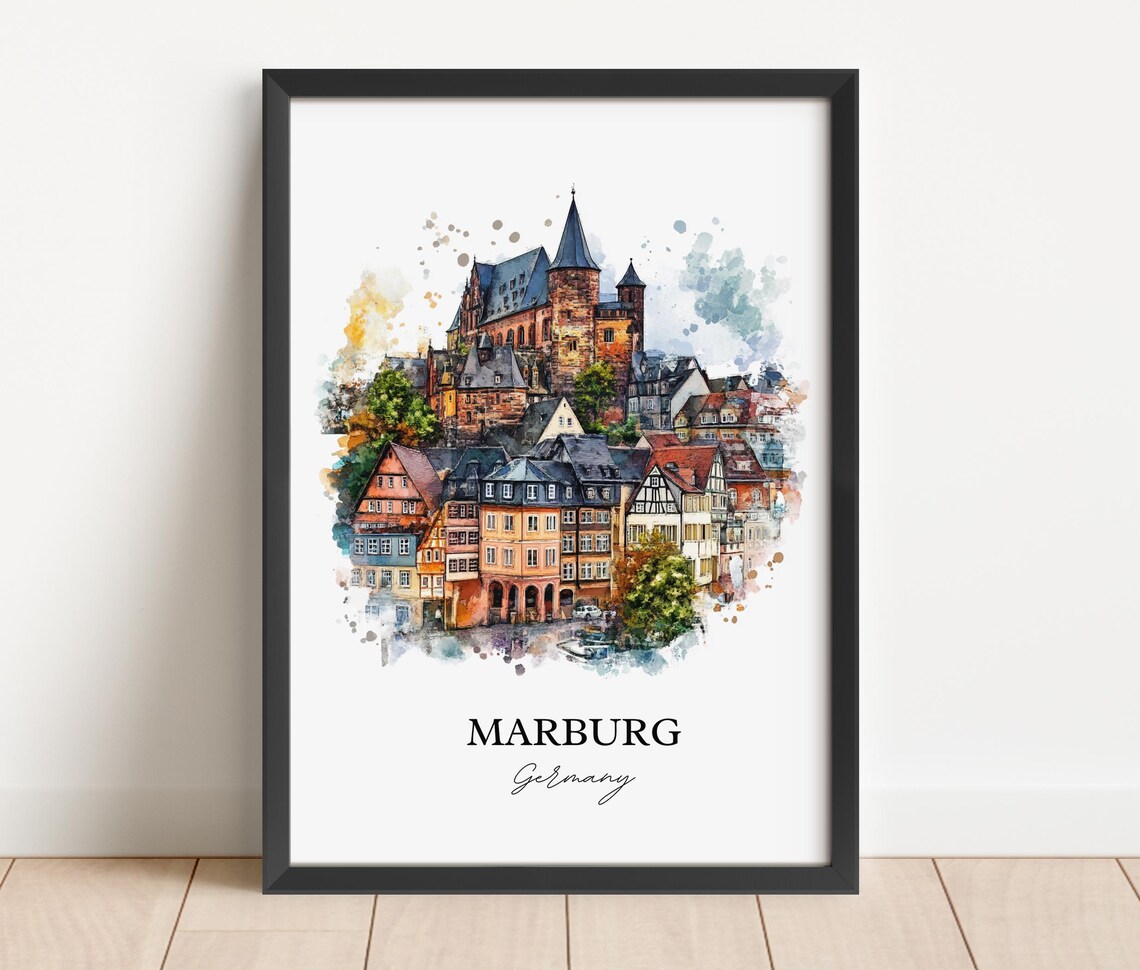 Marburg Germany Hilltop Castle Church Old Town Watercolor Poster - Image 3