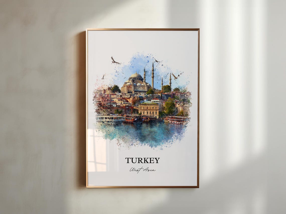 Turkey Watercolor Art Ottoman Mosque Waterfront Minarets Poster - Image 5