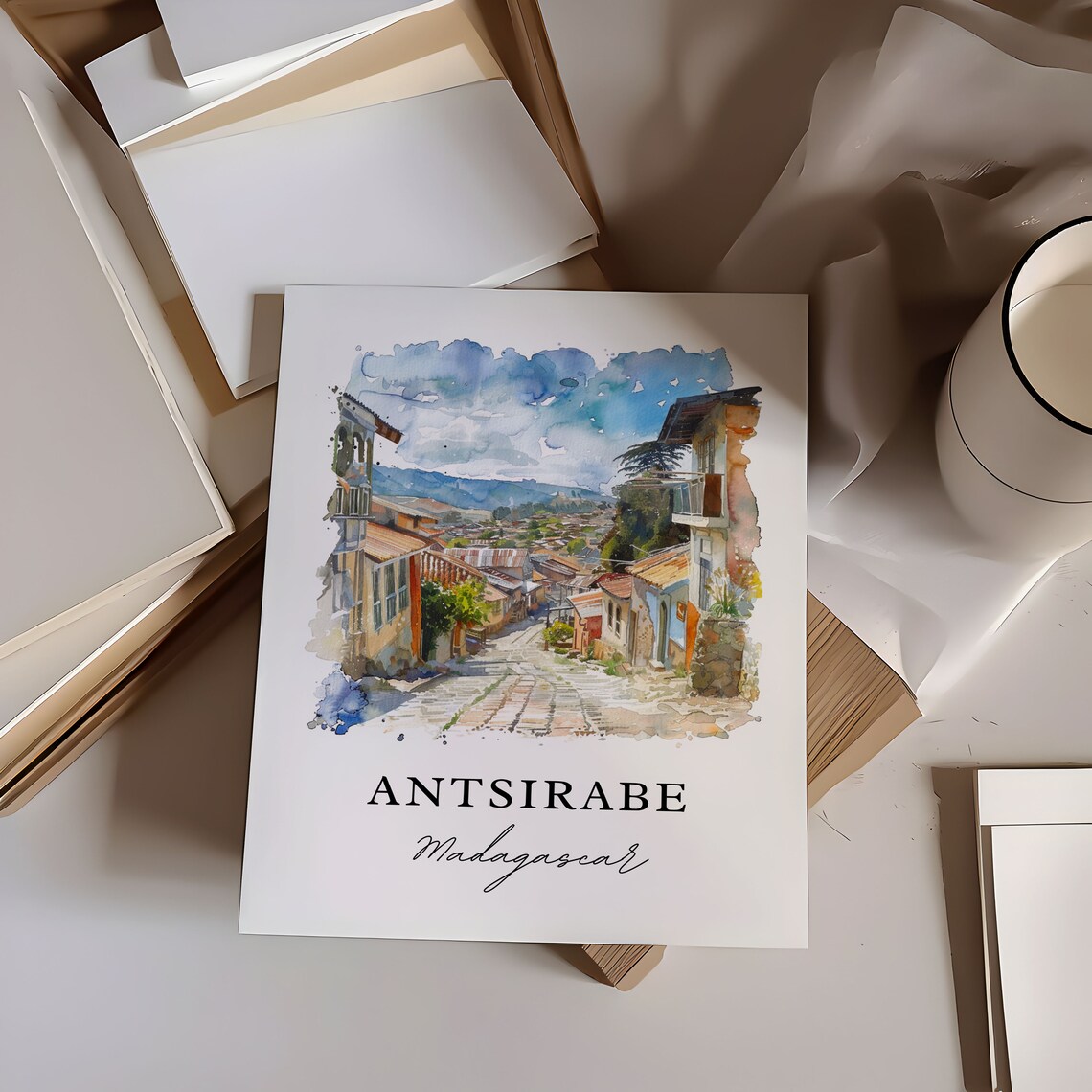 Antsirabe Madagascar Watercolor Of Colonial Old Town Street Poster - Image 2