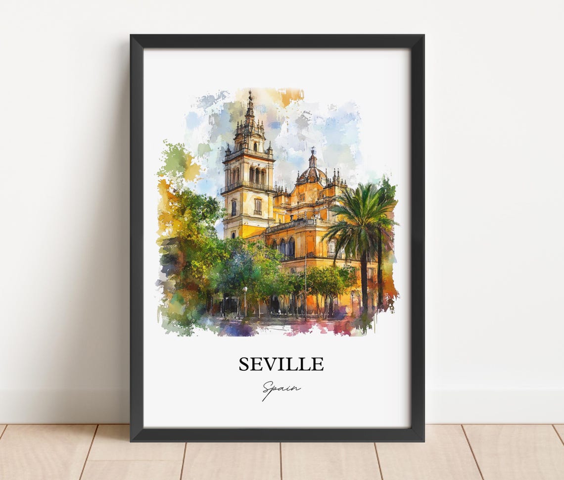 Seville Spain Cathedral Palms Square Watercolor Travel Poster - Image 2
