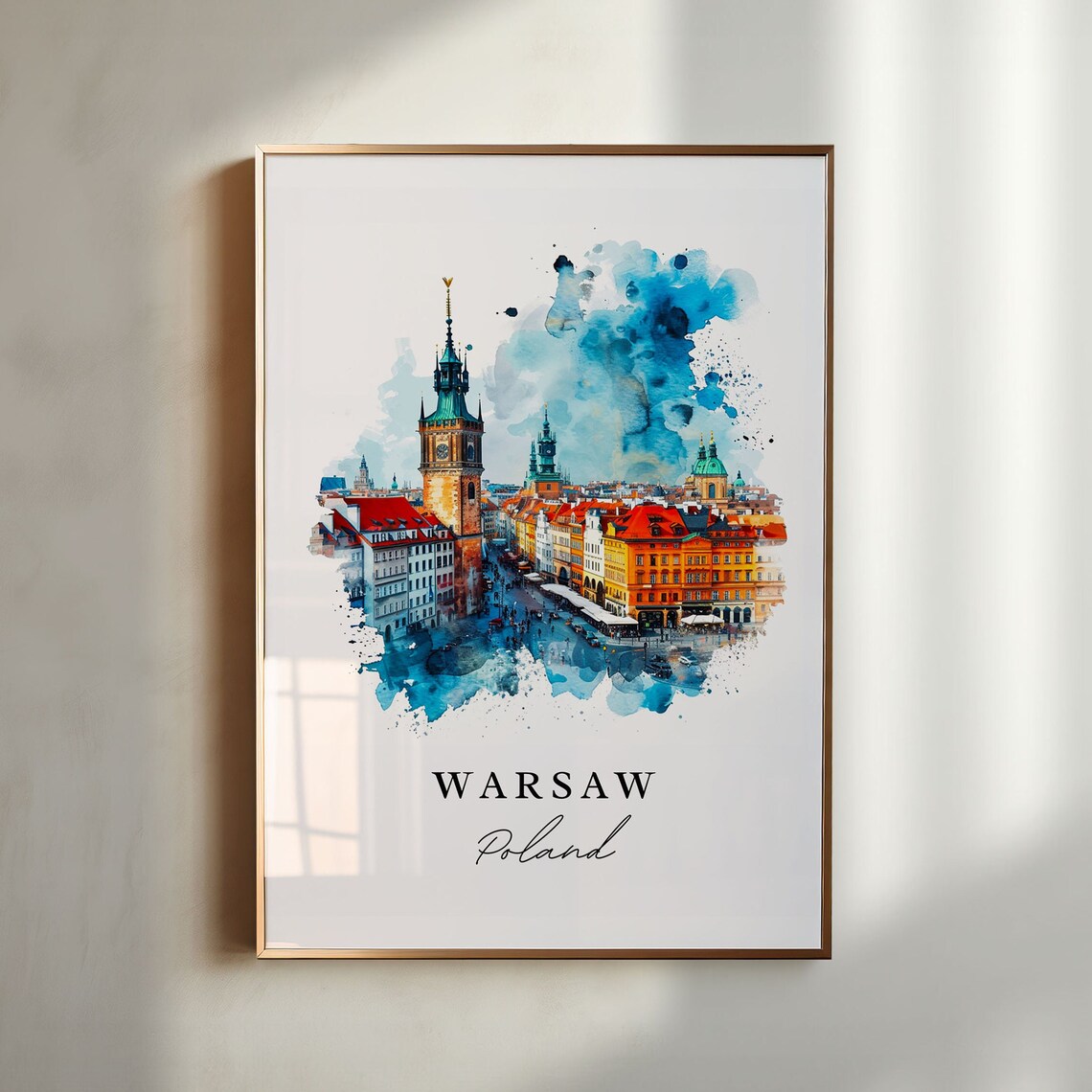 Warsaw Poland Colorful Old Town Square Watercolor Travel Poster