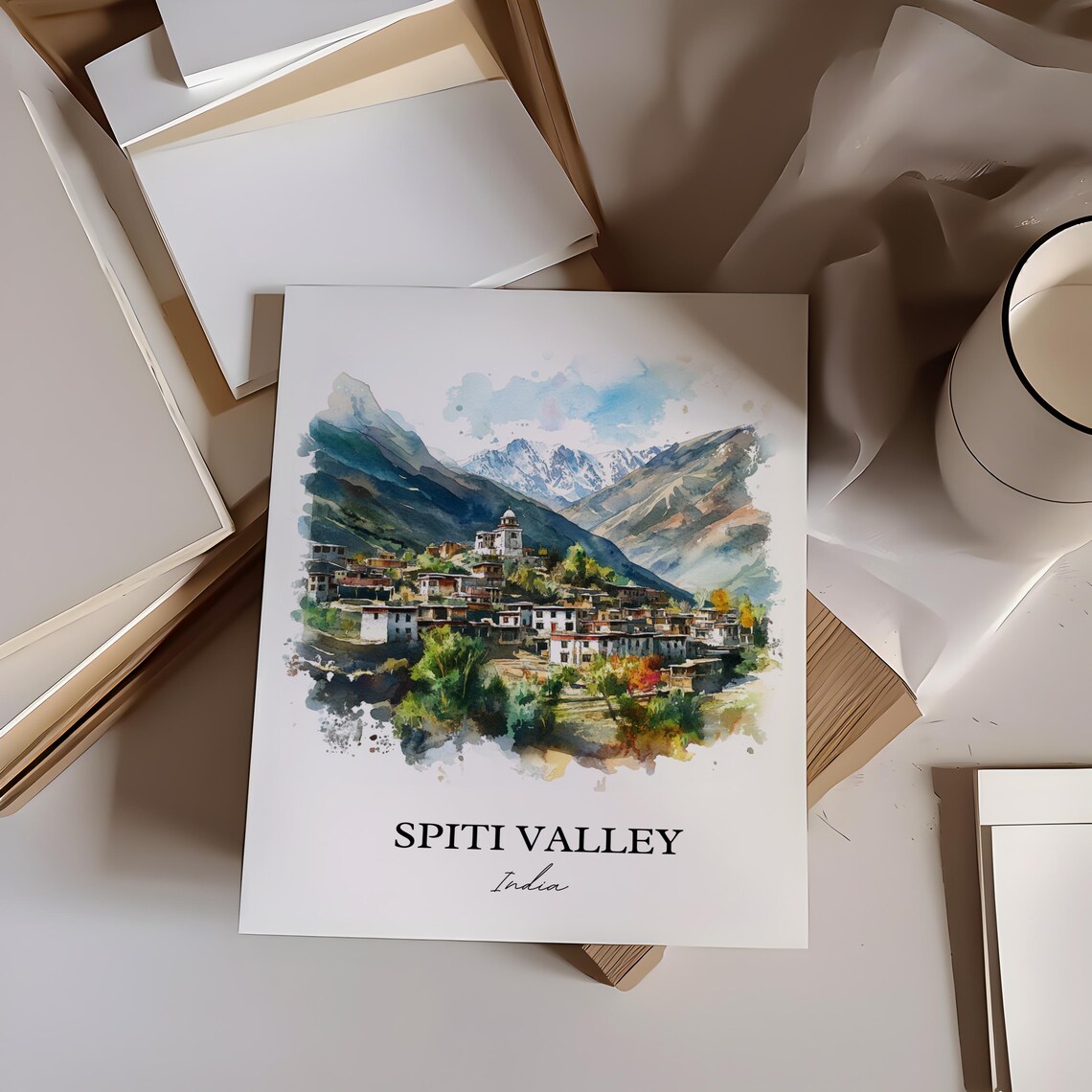 Spiti Valley India Watercolor Himalayan Mountain Village Poster - Image 4