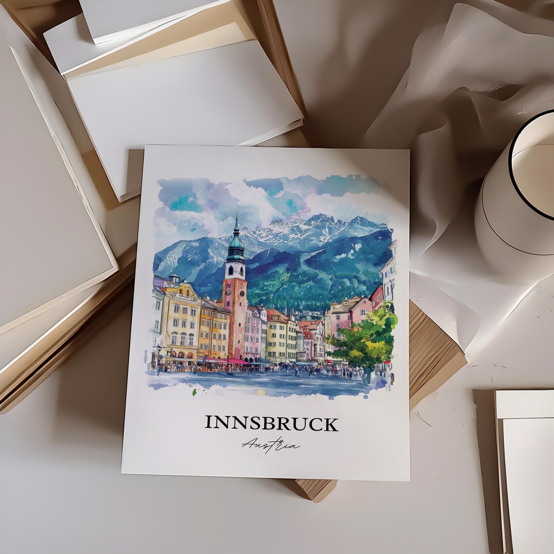 Innsbruck Austria Alpine Old Town Tower Watercolor Travel Poster - Image 4