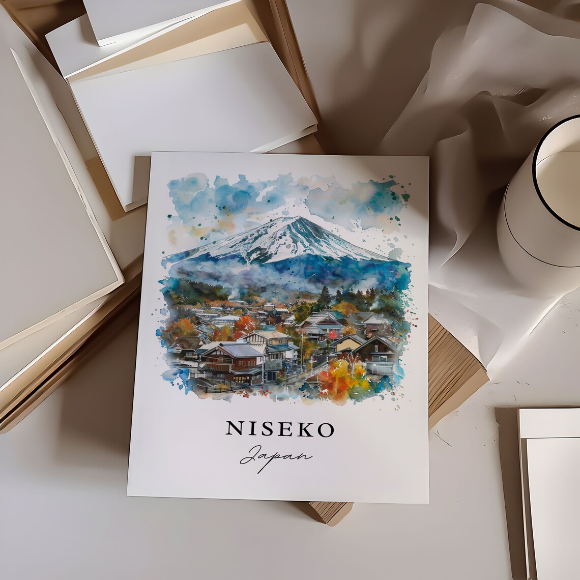 Niseko Japan Watercolor Snow Mountain Village Winter Art Poster - Image 6