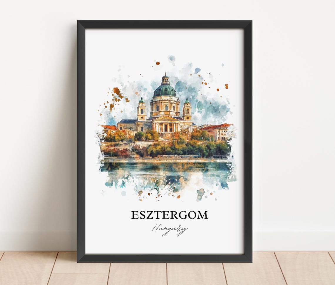 Esztergom Hungary Watercolor Basilica Dome Danube River View Poster - Image 2