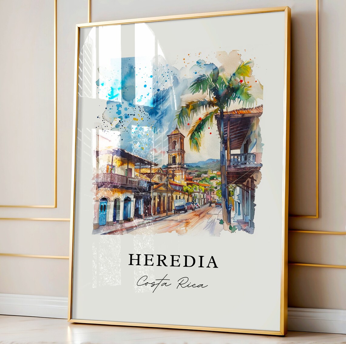 Heredia Costa Rica Colonial Street Church Tower Watercolor Poster - Image 4