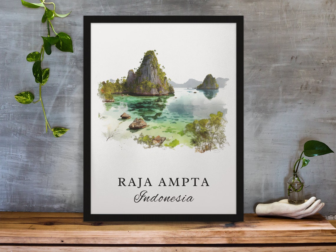 Raja Ampta Indonesia Karst Islands Emerald Lagoon Watercolor Poster