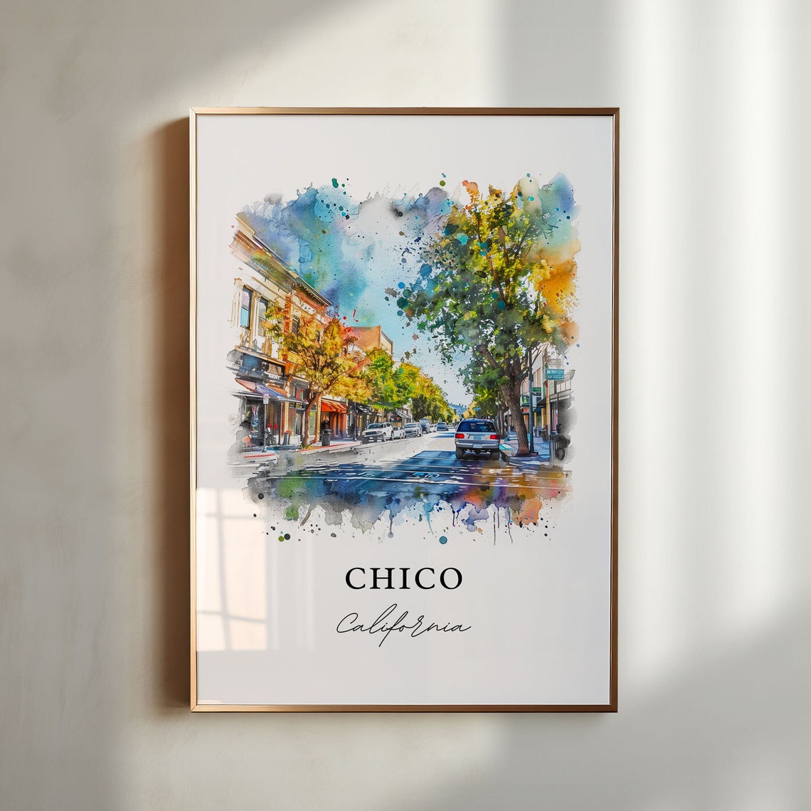 Chico California Charming Downtown Street Scene Watercolor Poster