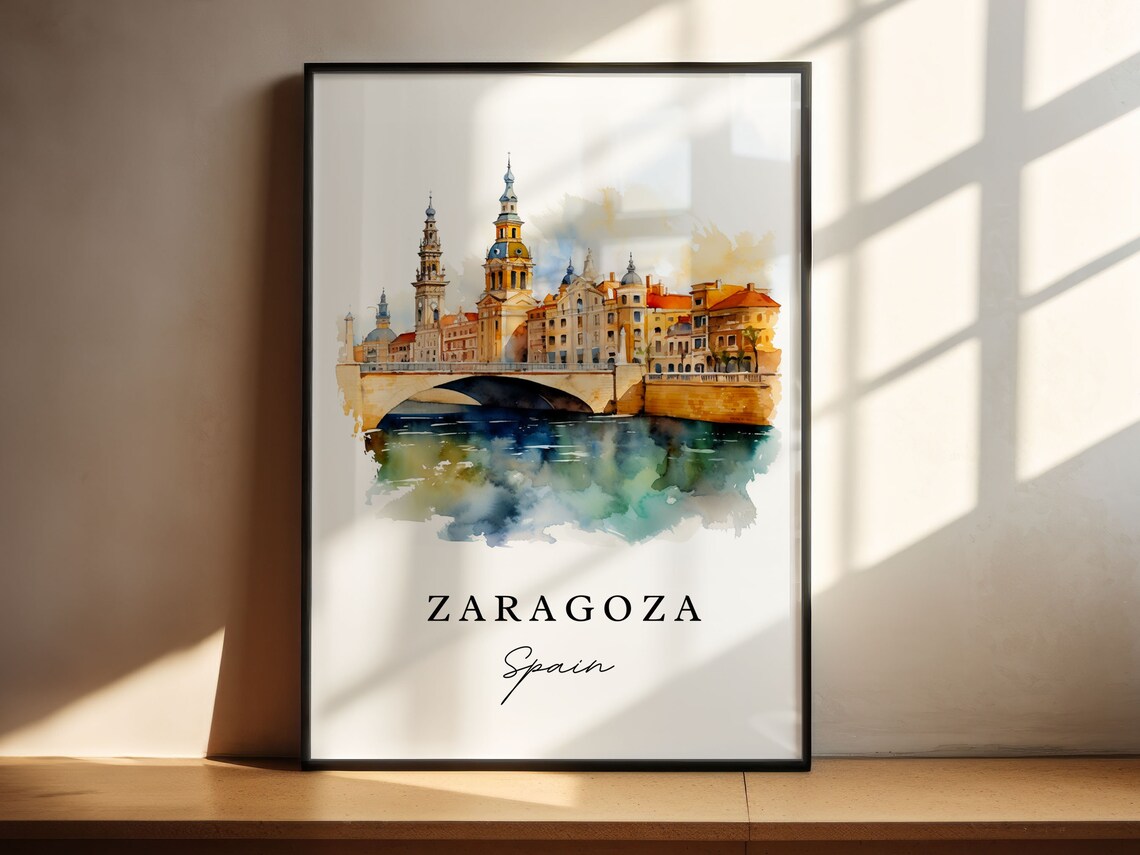 Zaragoza Spain Basilica Towers and River Bridge Watercolor Poster - Image 6