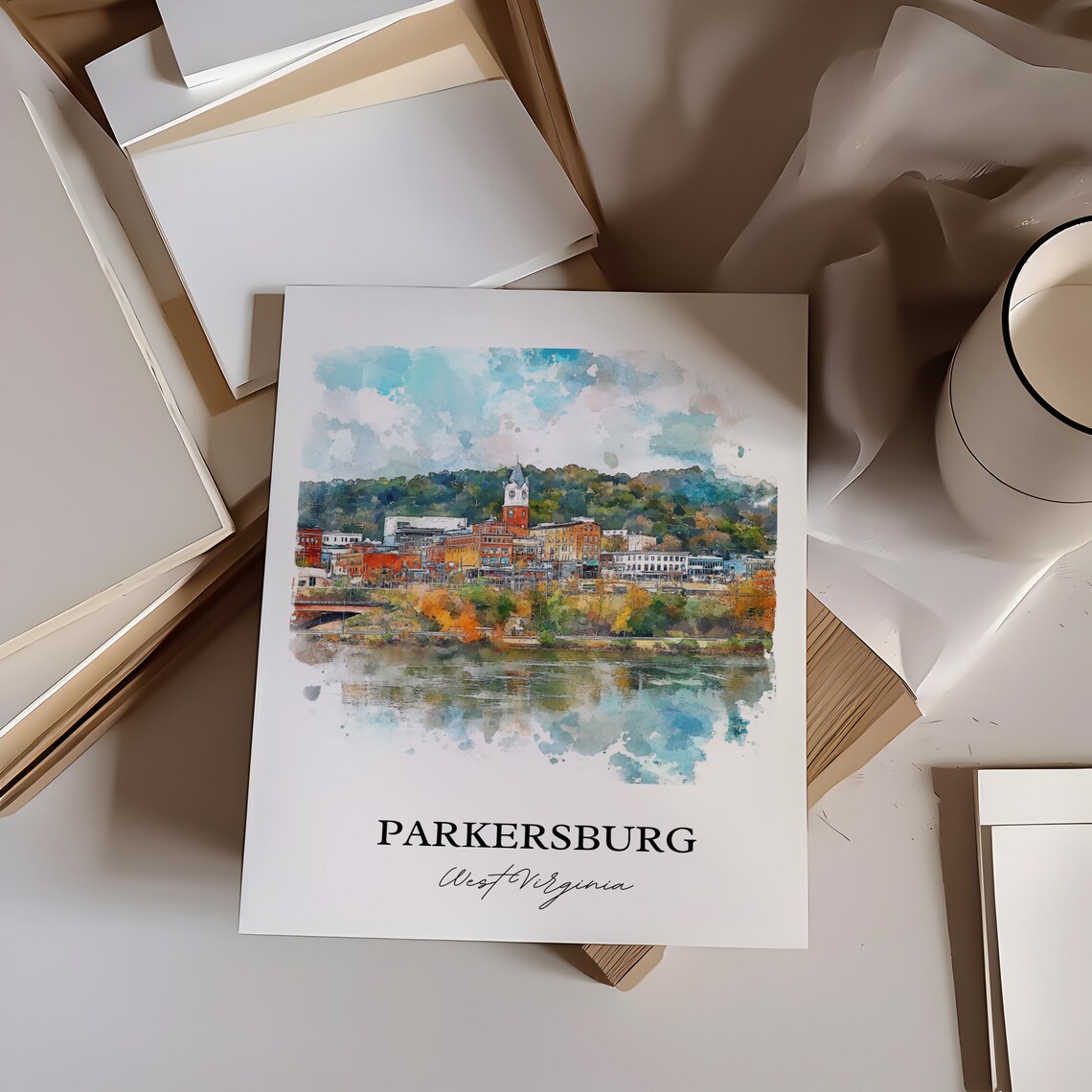 Parkersburg West Virginia Watercolor Riverside Town Clock Tower Poster - Image 6
