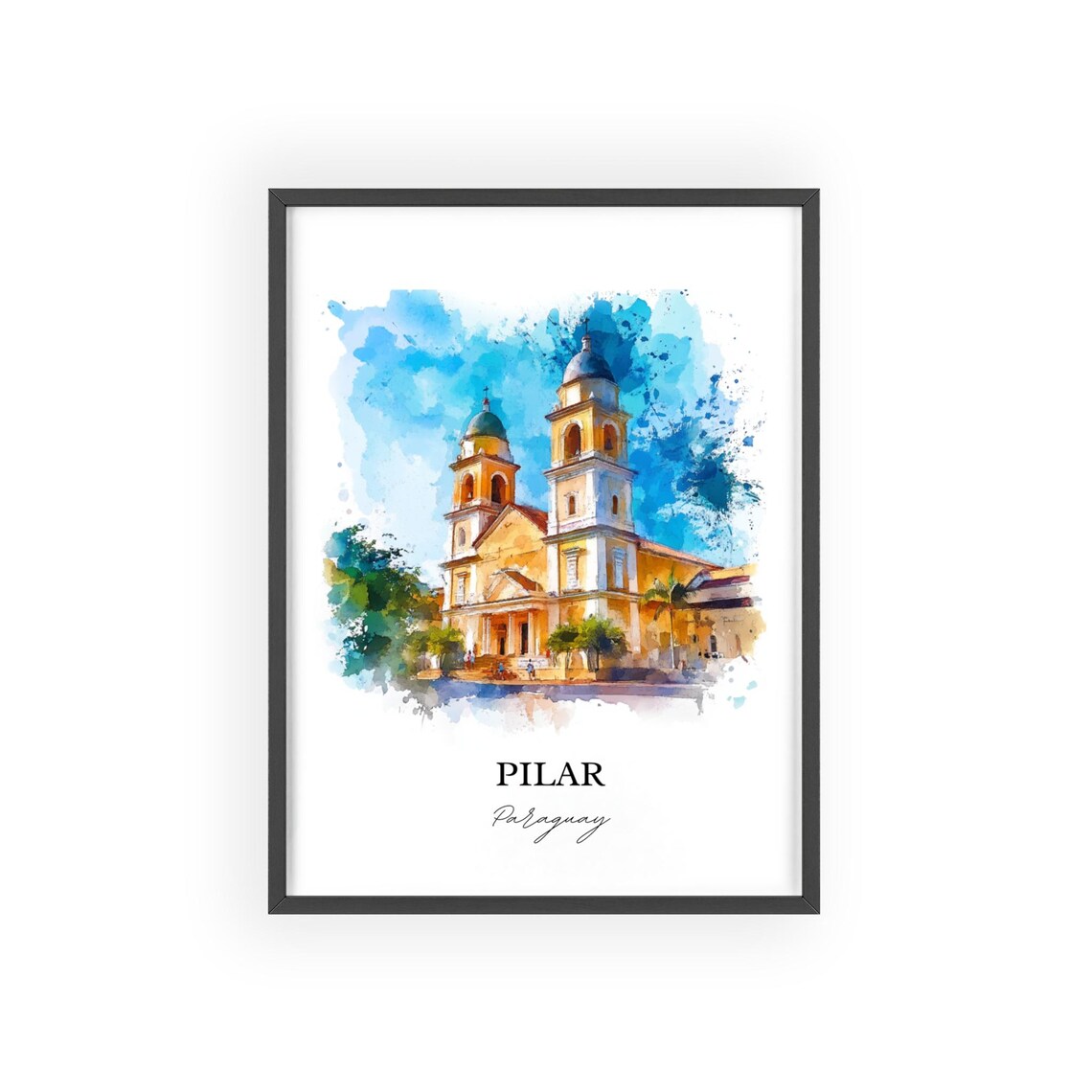 Pilar Paraguay Watercolor Twin Tower Church Landmark Art Poster - Image 2