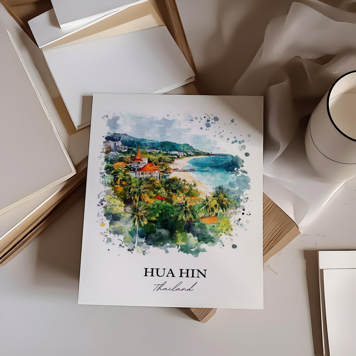 Hua Hin Thailand Watercolor Beach Palm Trees Seaside Art Poster - Image 3