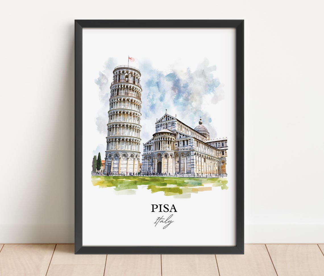 Pisa Italy Leaning Tower Cathedral Watercolor Landmark Travel Poster - Image 2