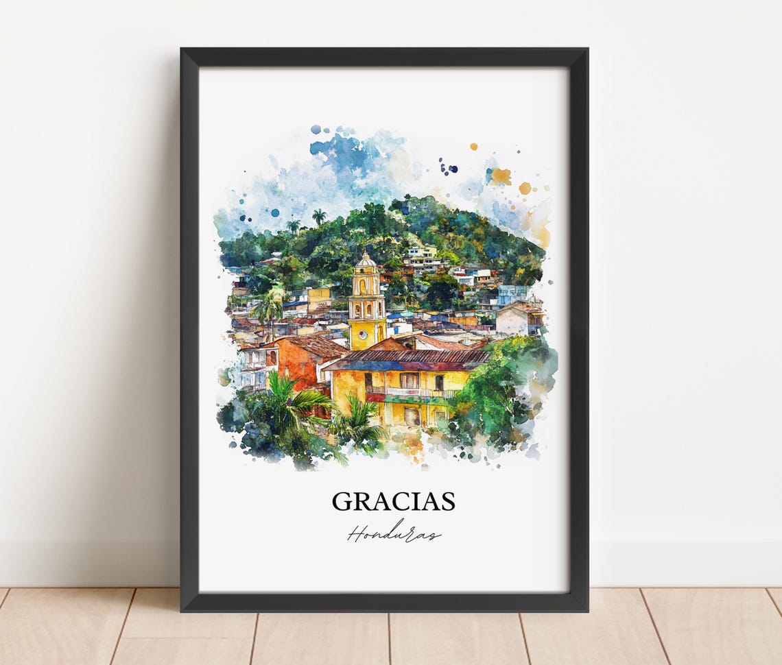 Gracias Honduras Hillside Clock Tower Town Watercolor Scenic Poster - Image 2