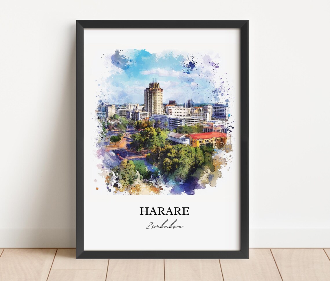 Harare Zimbabwe City Skyline Downtown View Watercolor Poster - Image 3