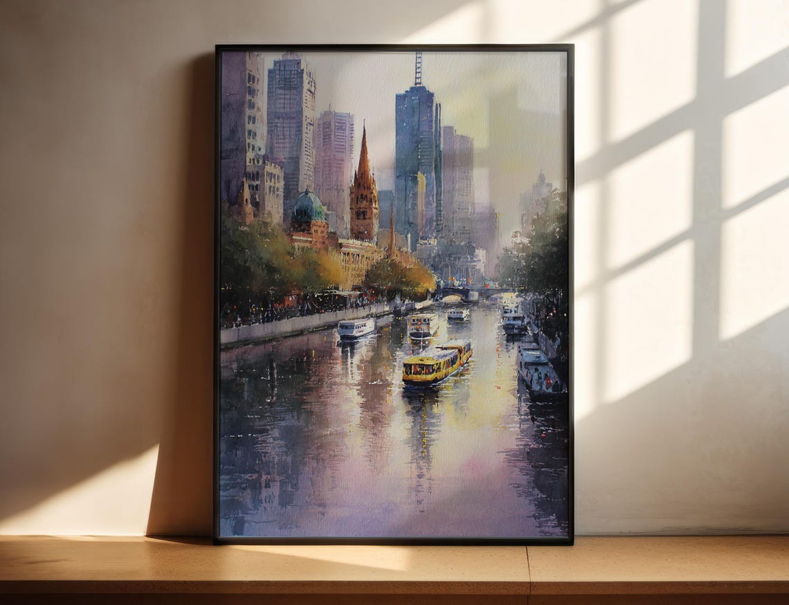 Melbourne Australia Yarra River Skyline Watercolor Travel Poster