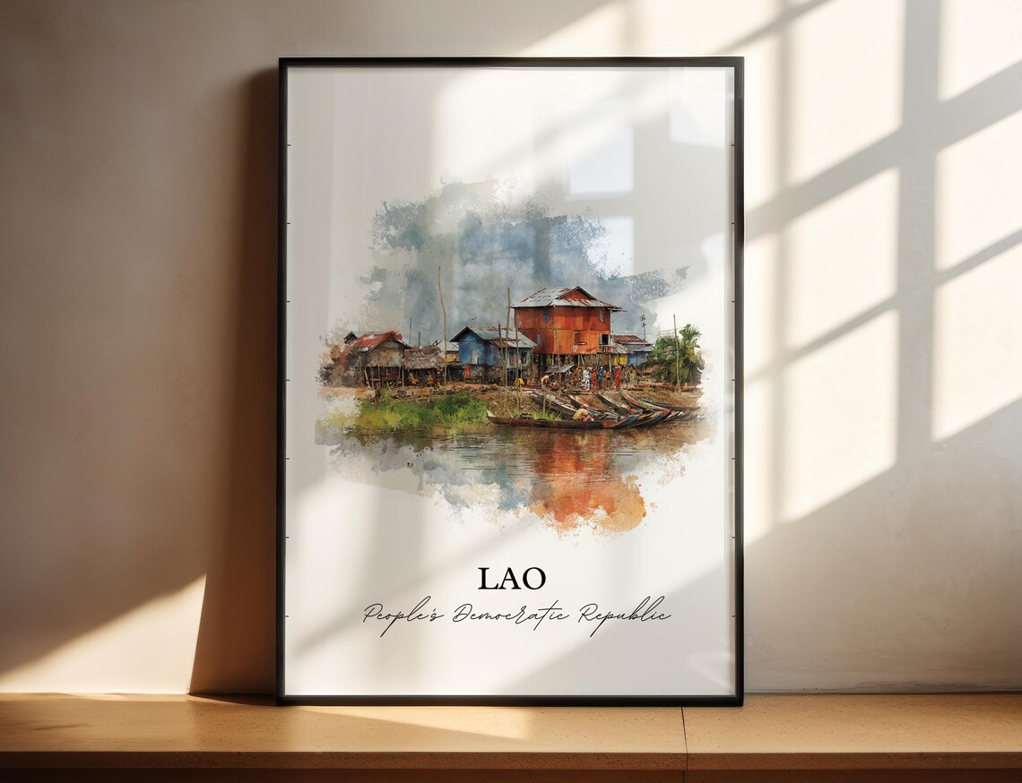Lao Peoples Democratic Republic Watercolor River Village Travel Poster