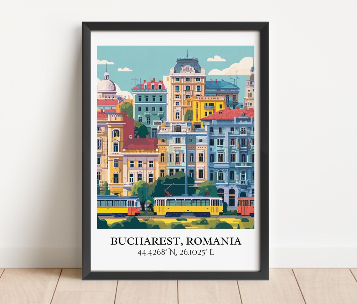 Bucharest Romania Historic Center Trams Colorful Travel Poster - Image 4