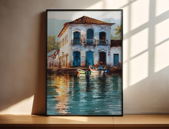 Paraty Brazil Colonial Waterfront Boats Watercolor Art Poster