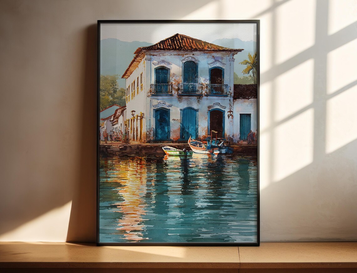 Paraty Brazil Colonial Waterfront Boats Watercolor Art Poster