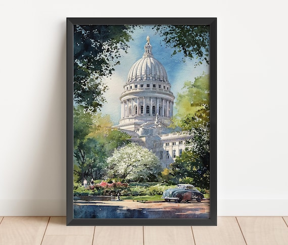 Madison Wisconsin State Capitol Watercolor Poster with Dome and Park