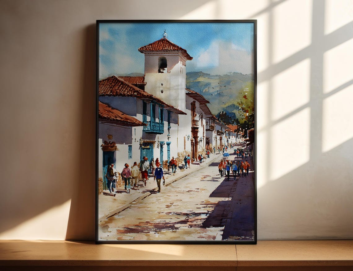 Villa de Leyva Colombia Watercolor Colonial Street Travel Art Print
