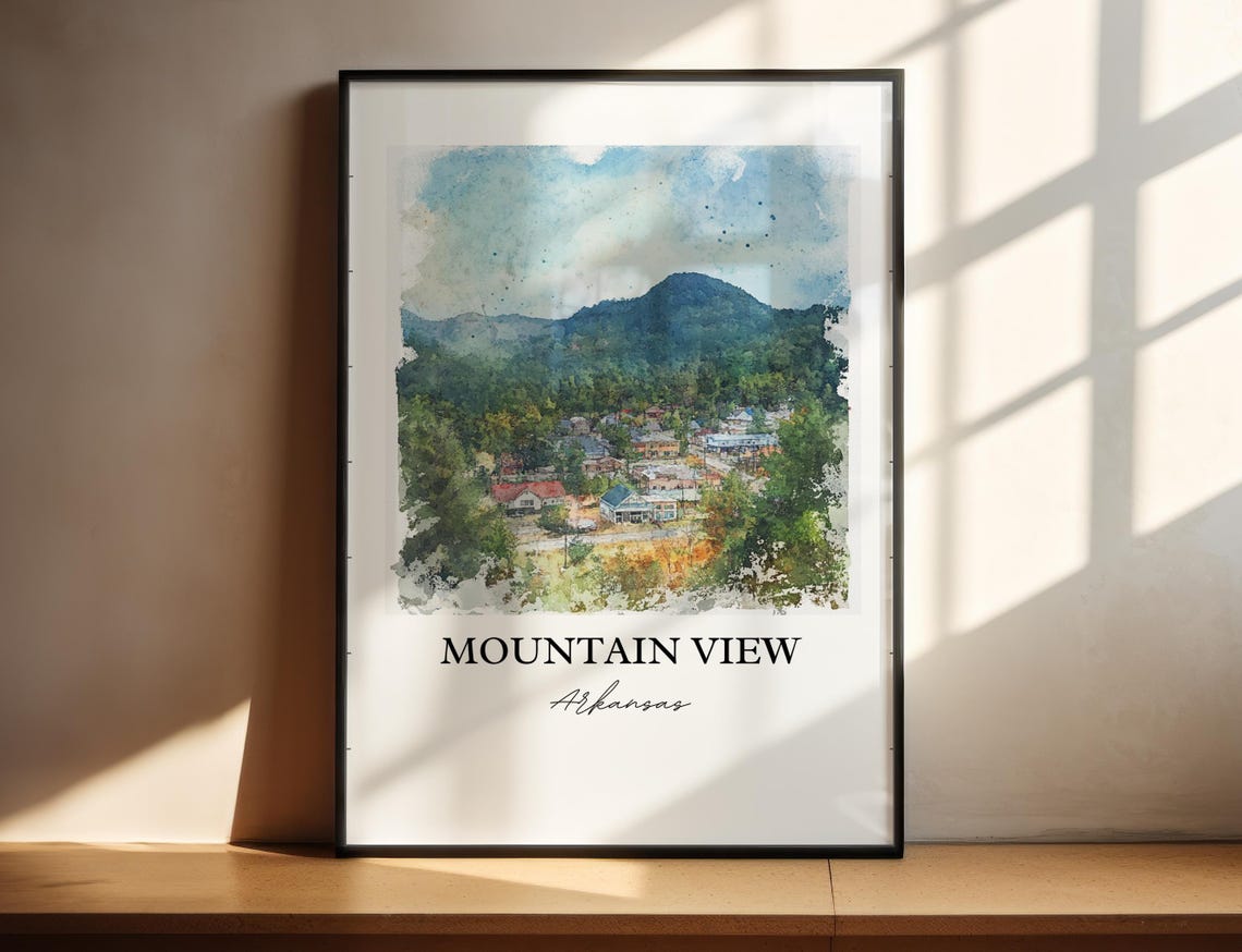 Mountain View Arkansas Ozark Valley Town Watercolor Travel Poster