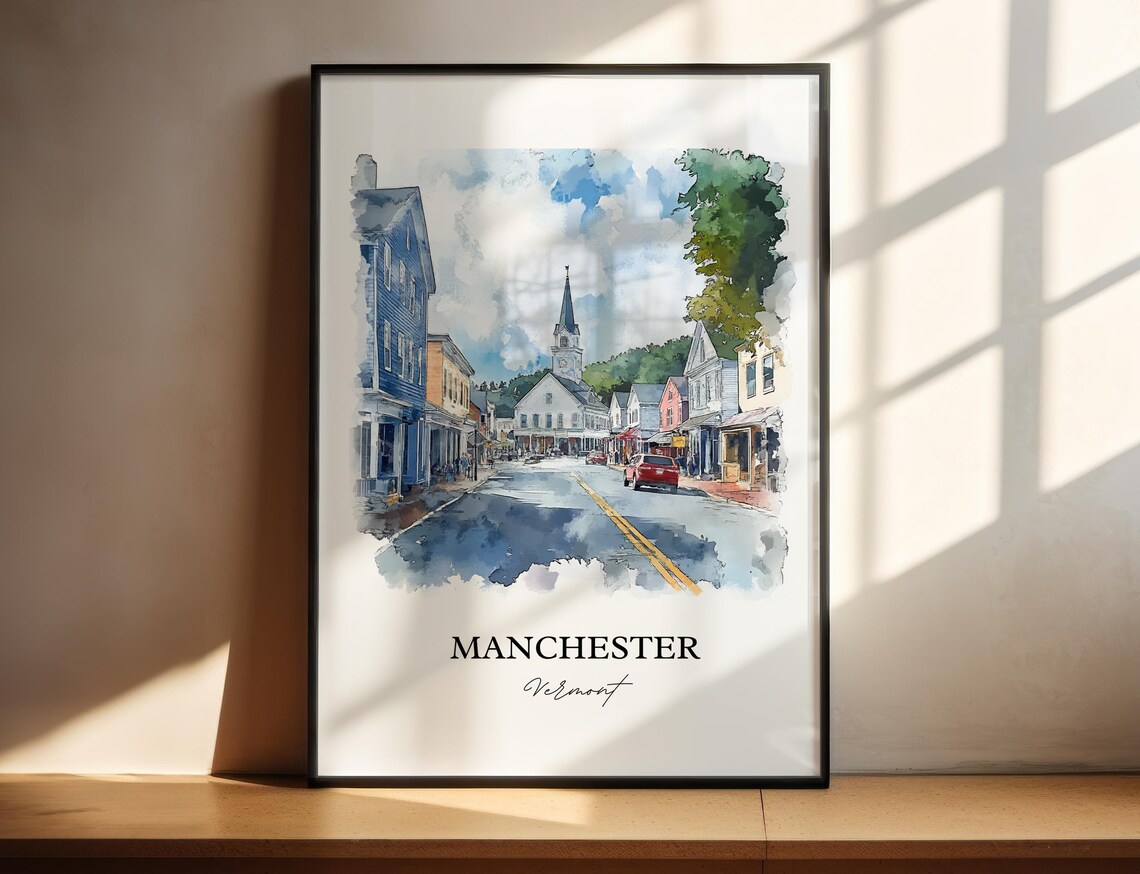 Manchester Vermont Church Steeple Main Street Watercolor Travel Poster